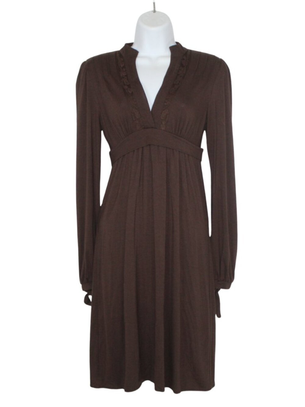 Y2K BCBG women's dress brown mini long sleeve peasant lace v-neck empire waist